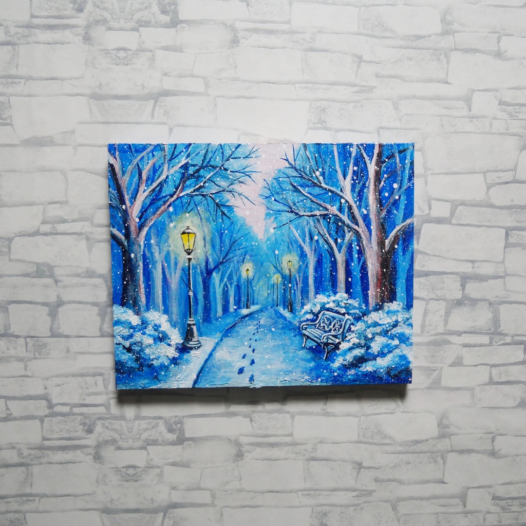 油絵 原画 雪景色 冬景色 幻想的 青 絵画 F3「雪降る幻想」