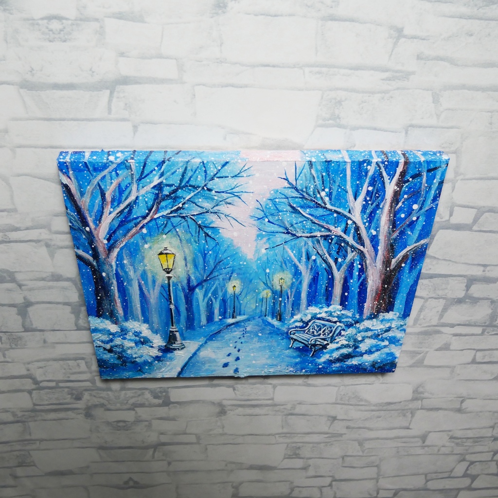 油絵 原画 雪景色 冬景色 幻想的 青 絵画 F3「雪降る幻想」