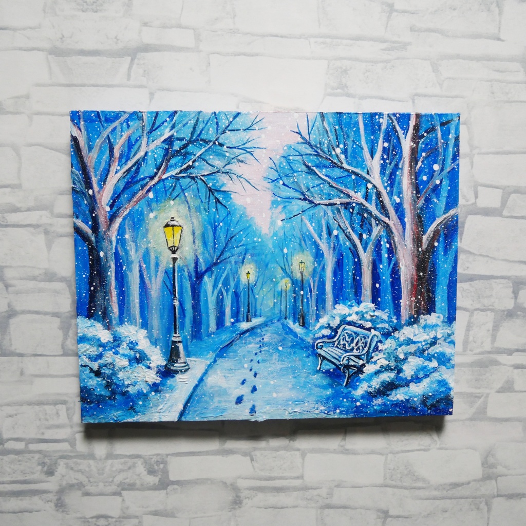 油絵 原画 雪景色 冬景色 幻想的 青 絵画 F3「雪降る幻想」