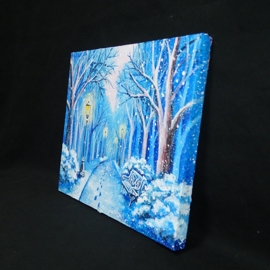 油絵 原画 雪景色 冬景色 幻想的 青 絵画 F3「雪降る幻想」