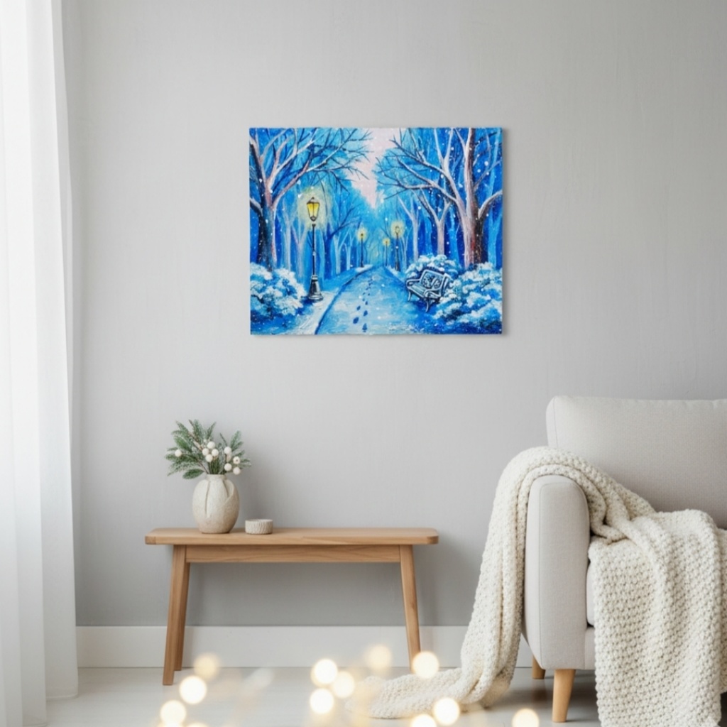 油絵 原画 雪景色 冬景色 幻想的 青 絵画 F3「雪降る幻想」