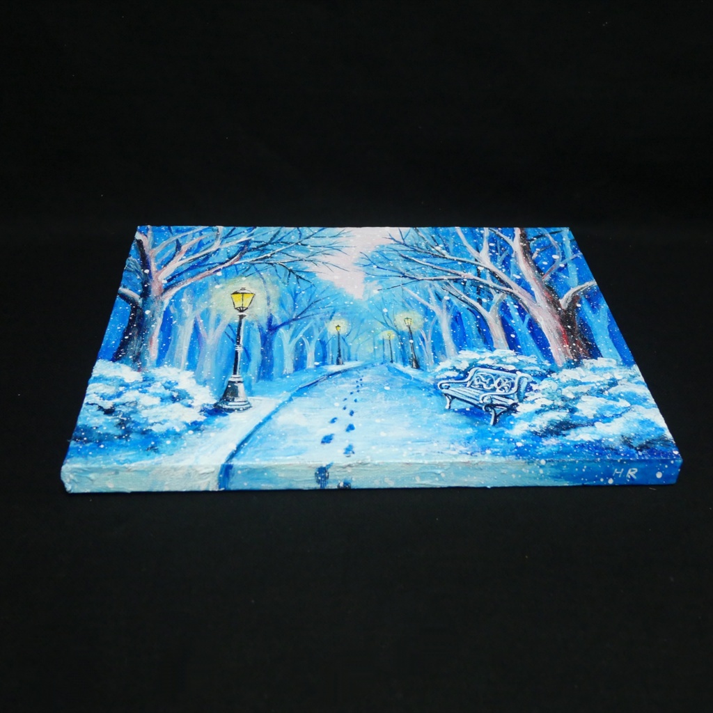 油絵 原画 雪景色 冬景色 幻想的 青 絵画 F3「雪降る幻想」