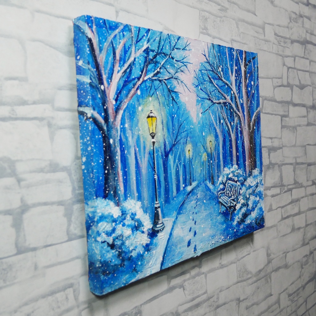 油絵 原画 雪景色 冬景色 幻想的 青 絵画 F3「雪降る幻想」