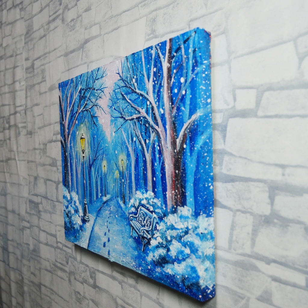油絵 原画 雪景色 冬景色 幻想的 青 絵画 F3「雪降る幻想」