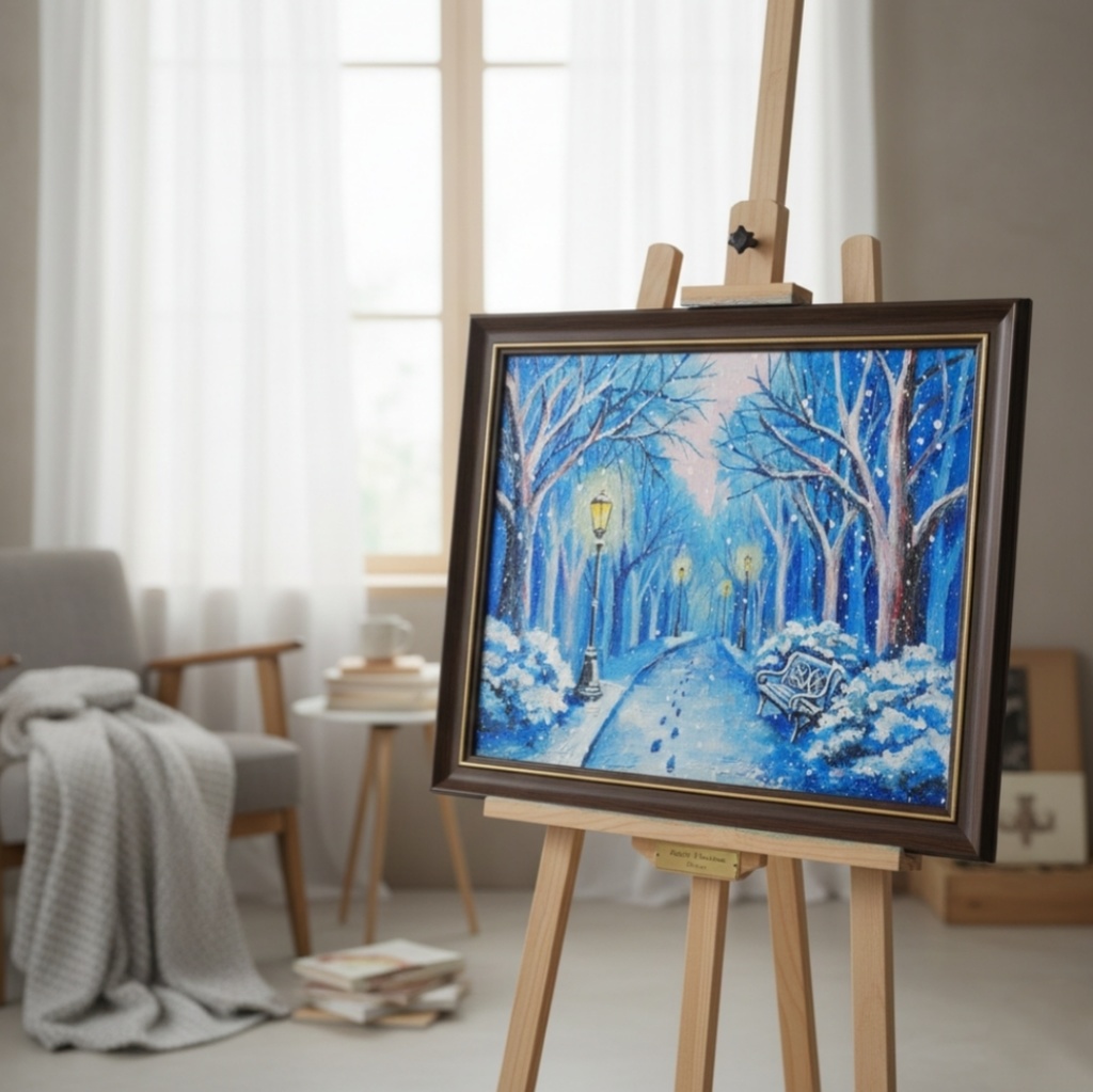 油絵 原画 雪景色 冬景色 幻想的 青 絵画 F3「雪降る幻想」