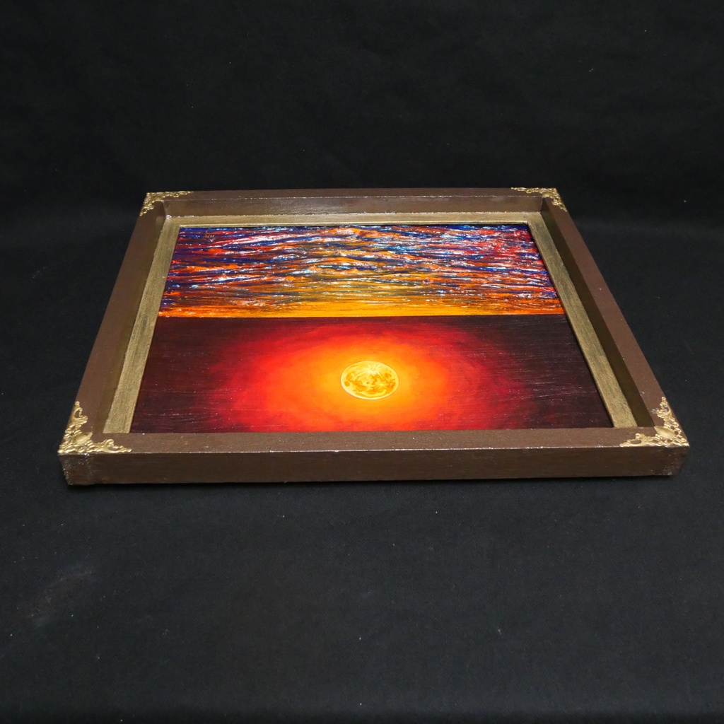 一点物 油絵 原画「朱色の満月と蒼き波」幻想的な風景画【インテリア】