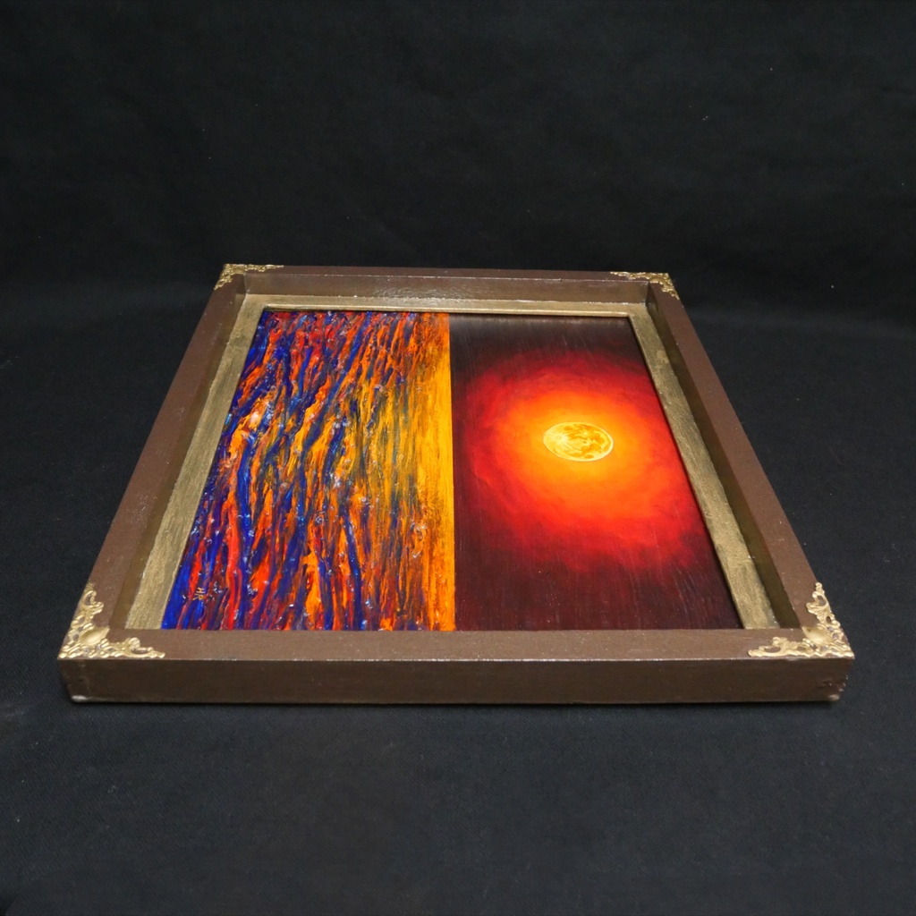 一点物 油絵 原画「朱色の満月と蒼き波」幻想的な風景画【インテリア】