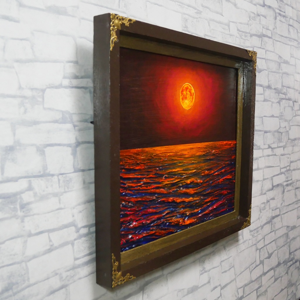 一点物 油絵 原画「朱色の満月と蒼き波」幻想的な風景画【インテリア】