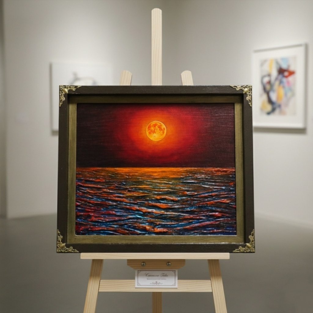 一点物 油絵 原画「朱色の満月と蒼き波」幻想的な風景画【インテリア】