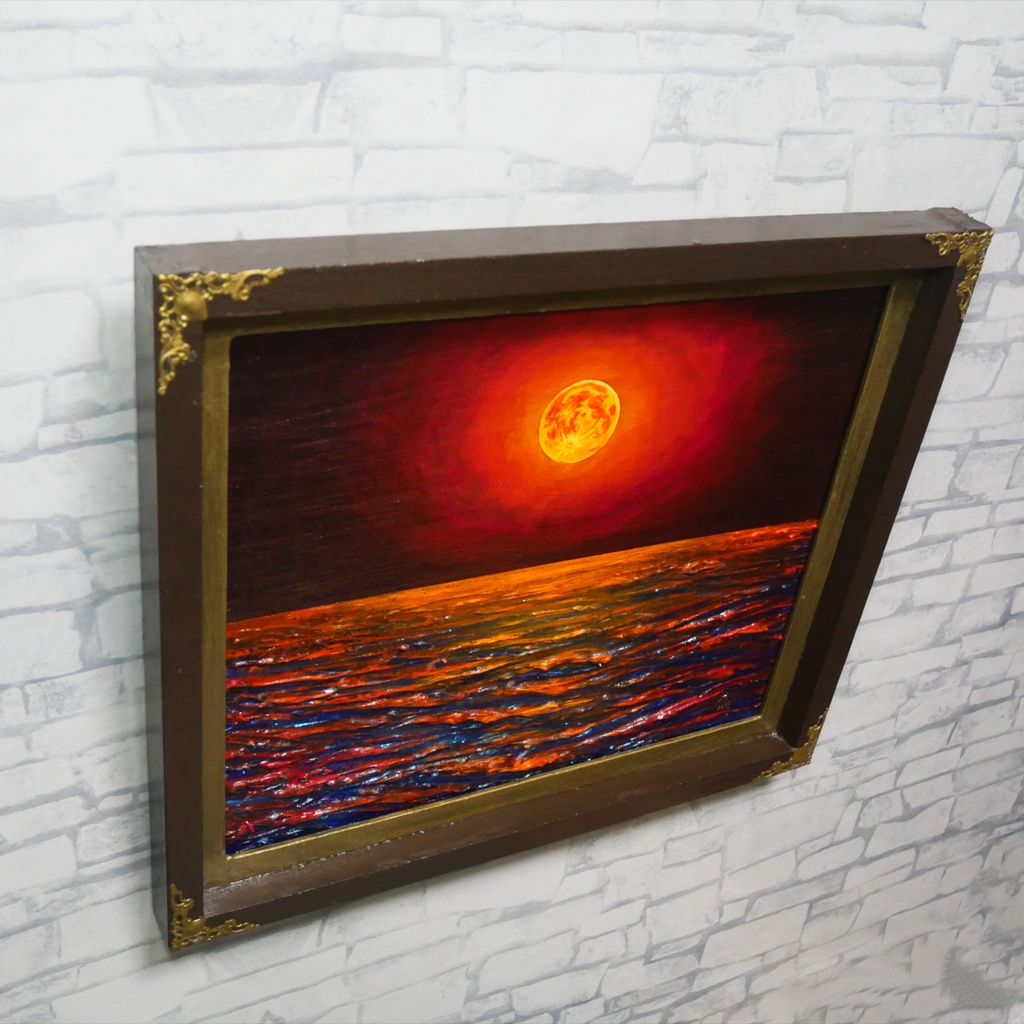 一点物 油絵 原画「朱色の満月と蒼き波」幻想的な風景画【インテリア】