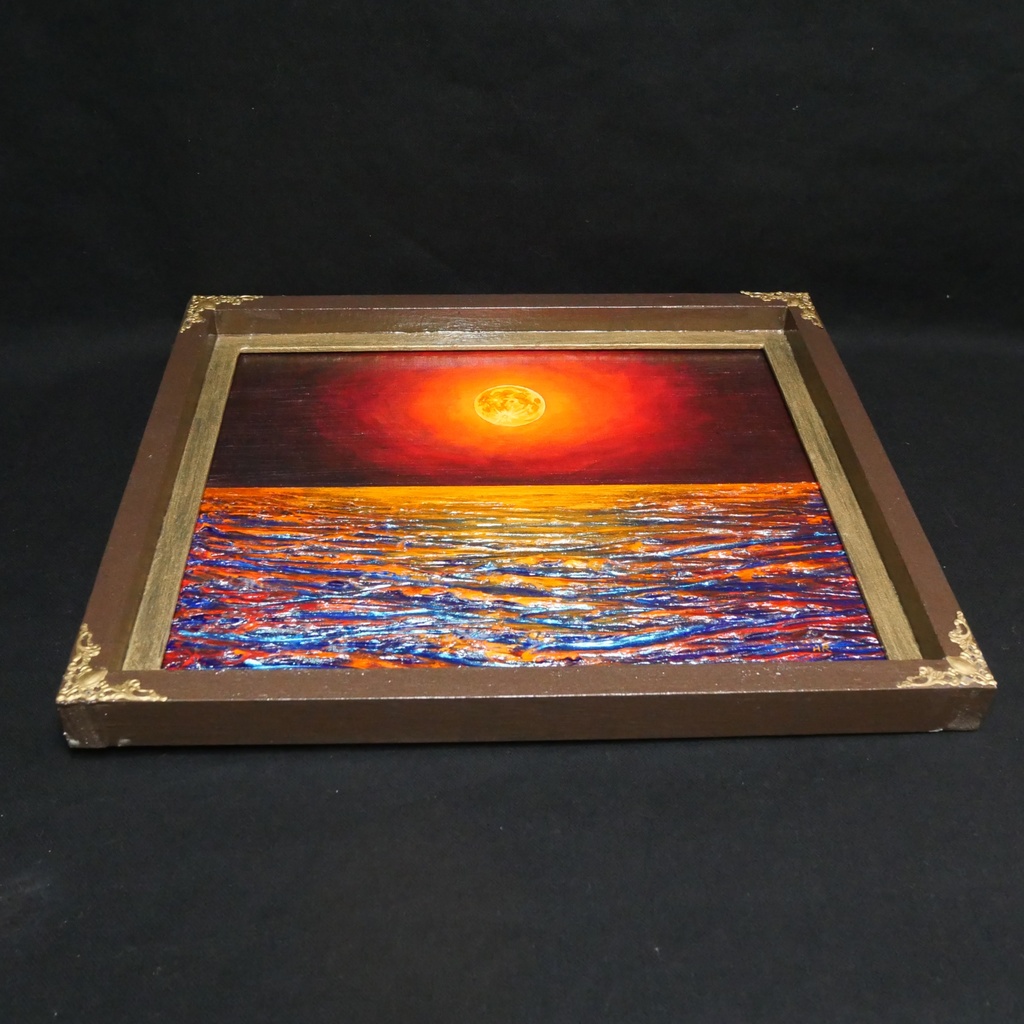 一点物 油絵 原画「朱色の満月と蒼き波」幻想的な風景画【インテリア】