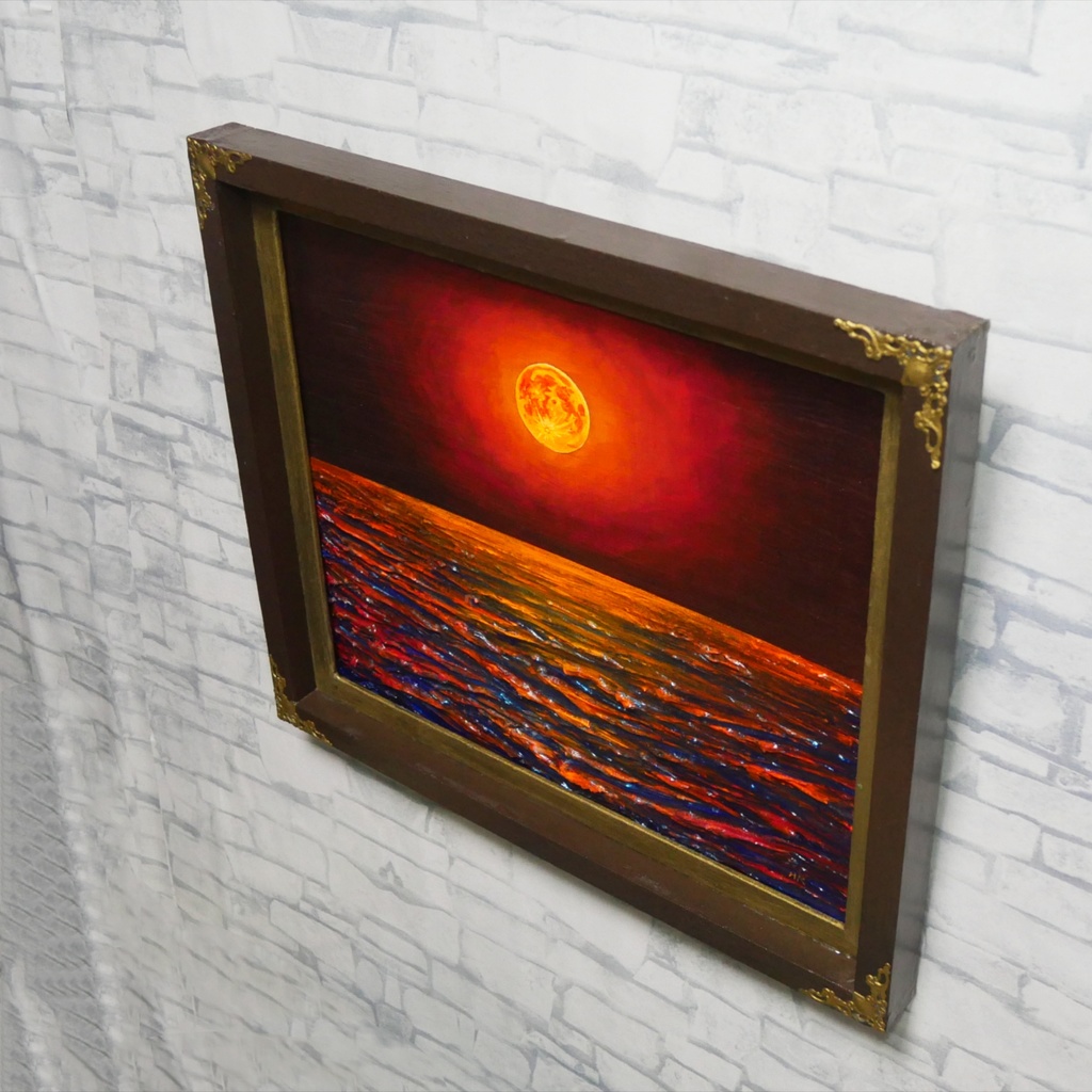 一点物 油絵 原画「朱色の満月と蒼き波」幻想的な風景画【インテリア】