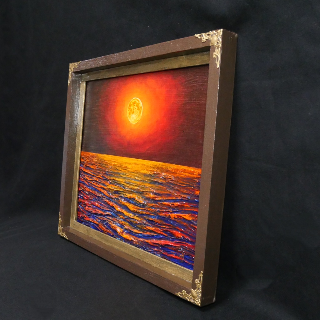 一点物 油絵 原画「朱色の満月と蒼き波」幻想的な風景画【インテリア】