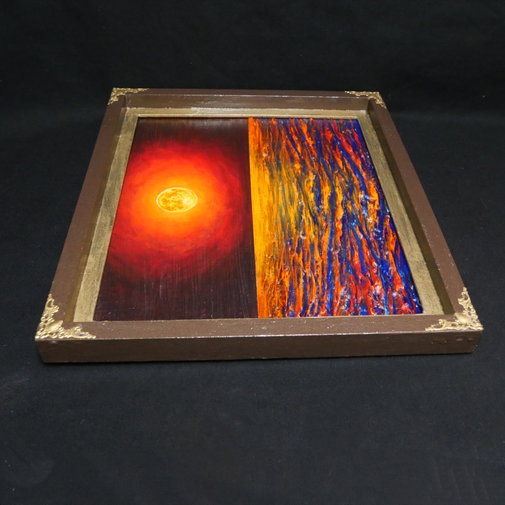 一点物 油絵 原画「朱色の満月と蒼き波」幻想的な風景画【インテリア】