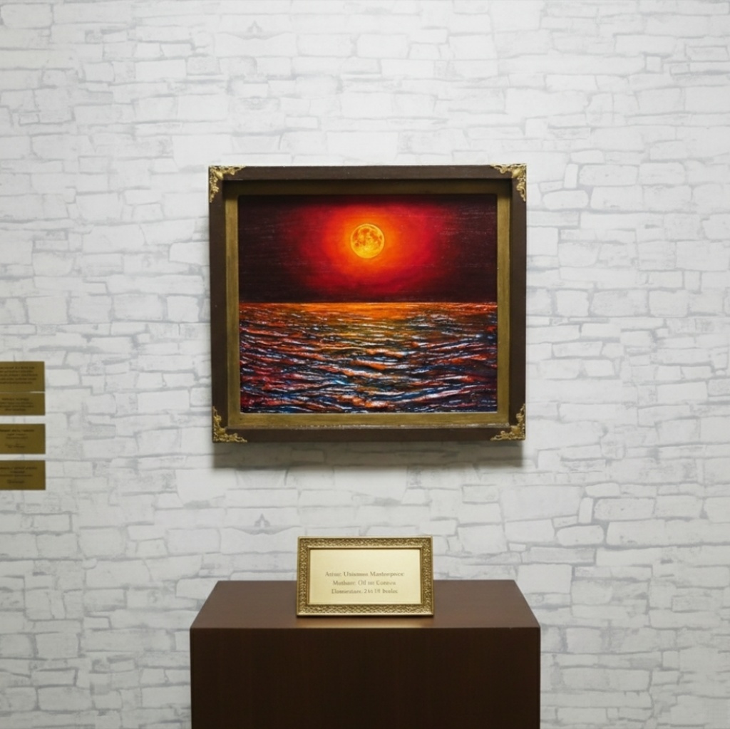 一点物 油絵 原画「朱色の満月と蒼き波」幻想的な風景画【インテリア】