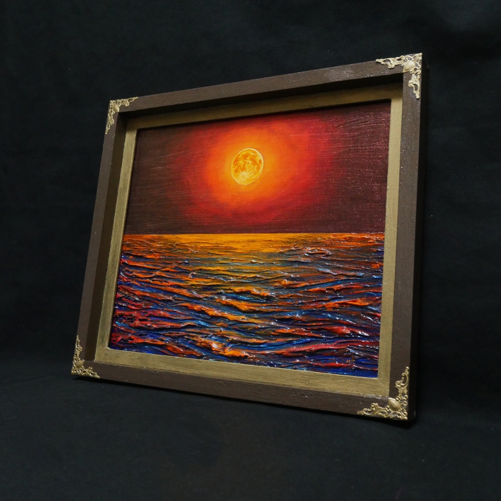 一点物 油絵 原画「朱色の満月と蒼き波」幻想的な風景画【インテリア】