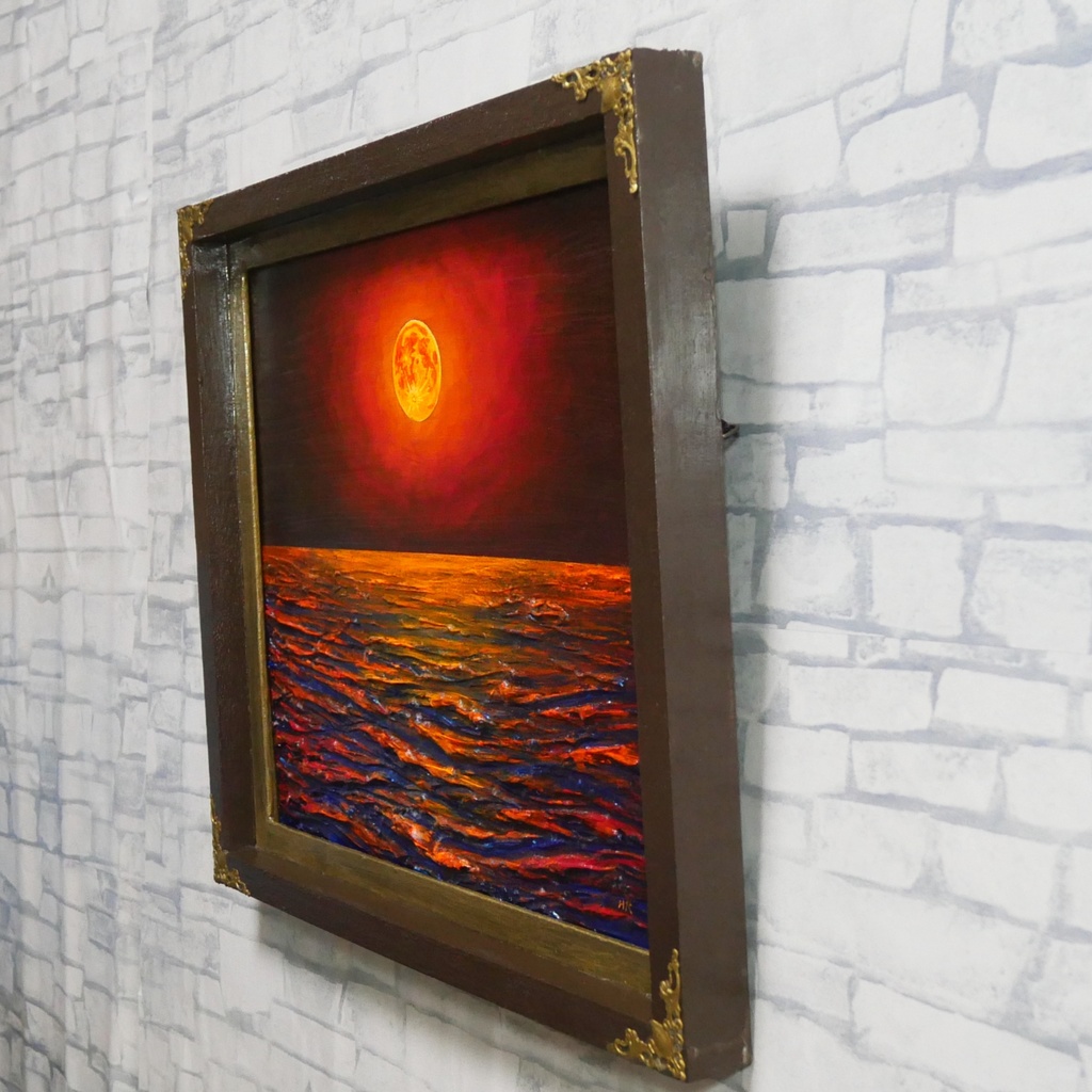 一点物 油絵 原画「朱色の満月と蒼き波」幻想的な風景画【インテリア】