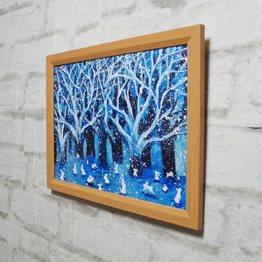 油絵 油彩 油彩画 絵 絵画【冬の林と兎たち】