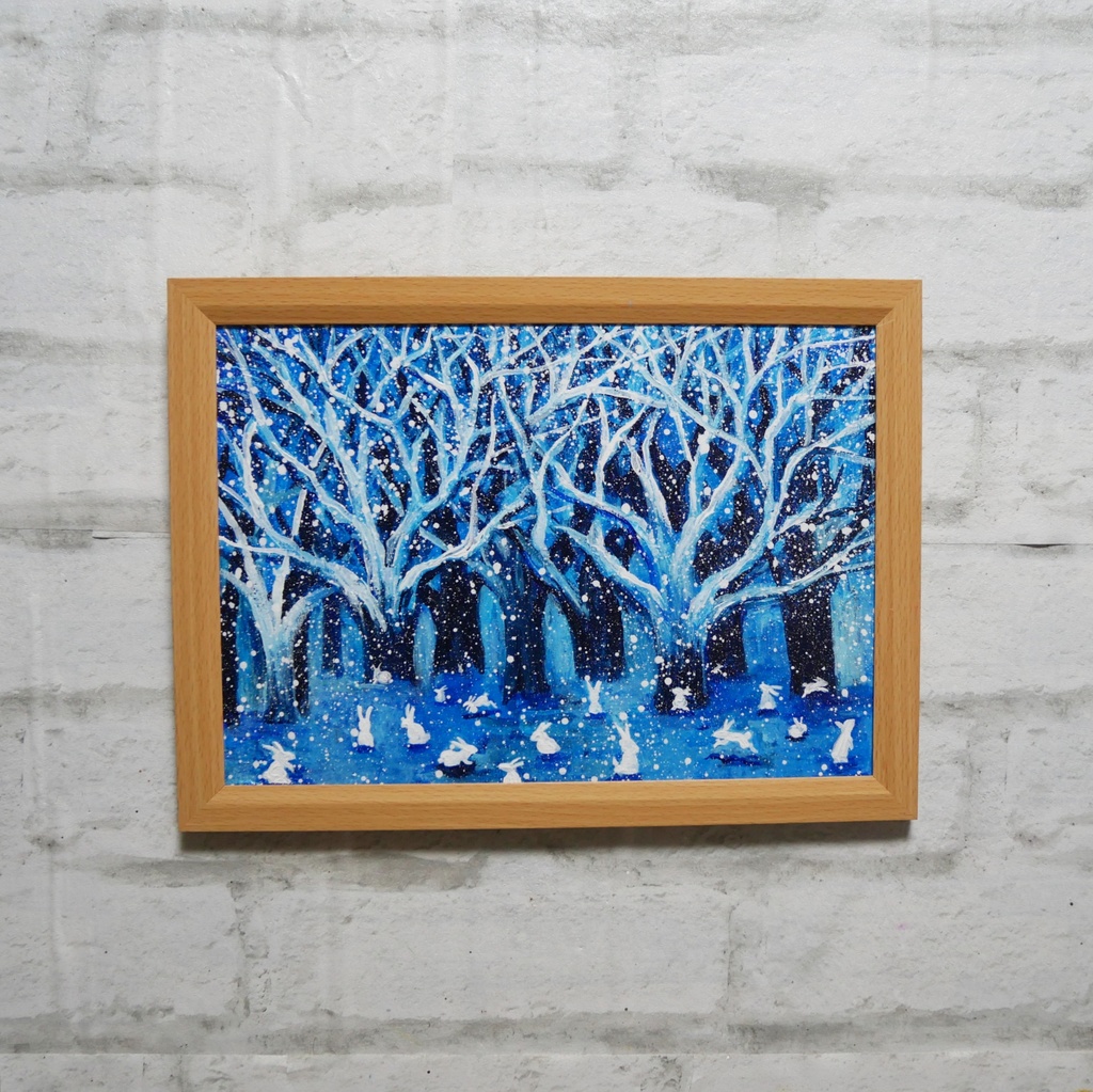 油絵 油彩 油彩画 絵 絵画【冬の林と兎たち】