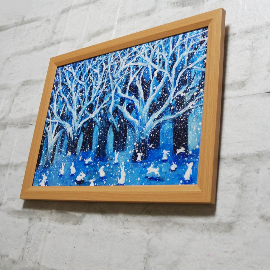 油絵 油彩 油彩画 絵 絵画【冬の林と兎たち】