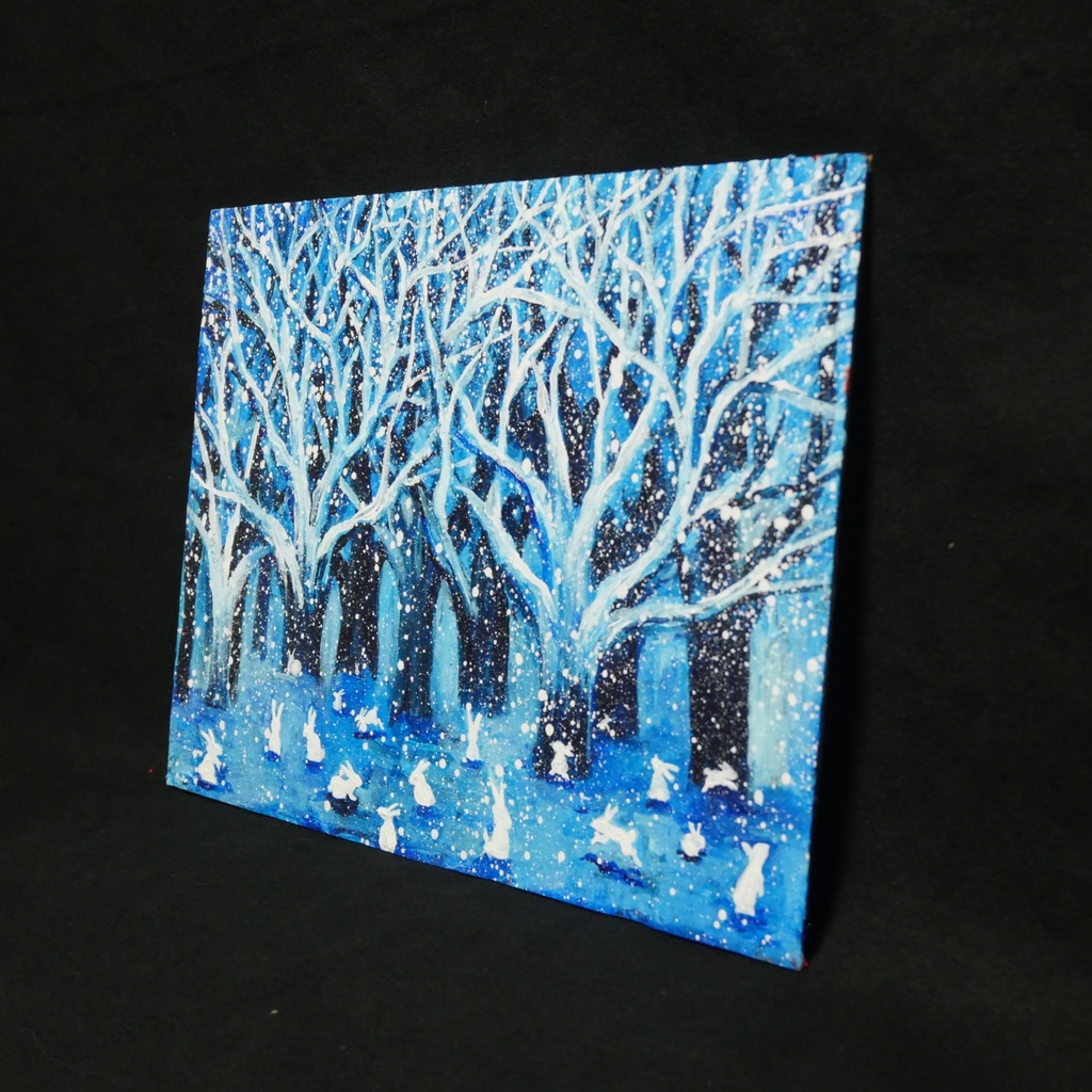 油絵 油彩 油彩画 絵 絵画【冬の林と兎たち】