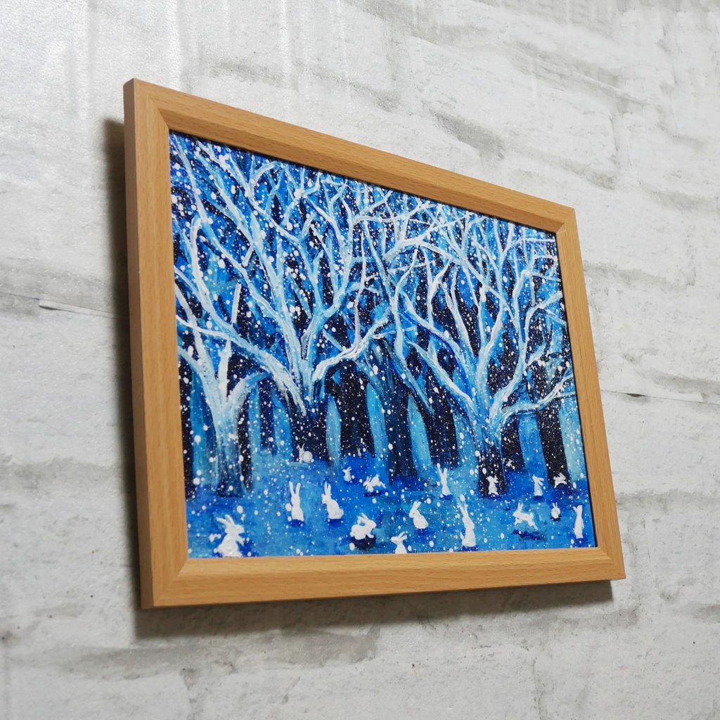 油絵 油彩 油彩画 絵 絵画【冬の林と兎たち】