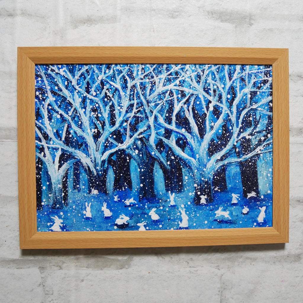 油絵 油彩 油彩画 絵 絵画【冬の林と兎たち】