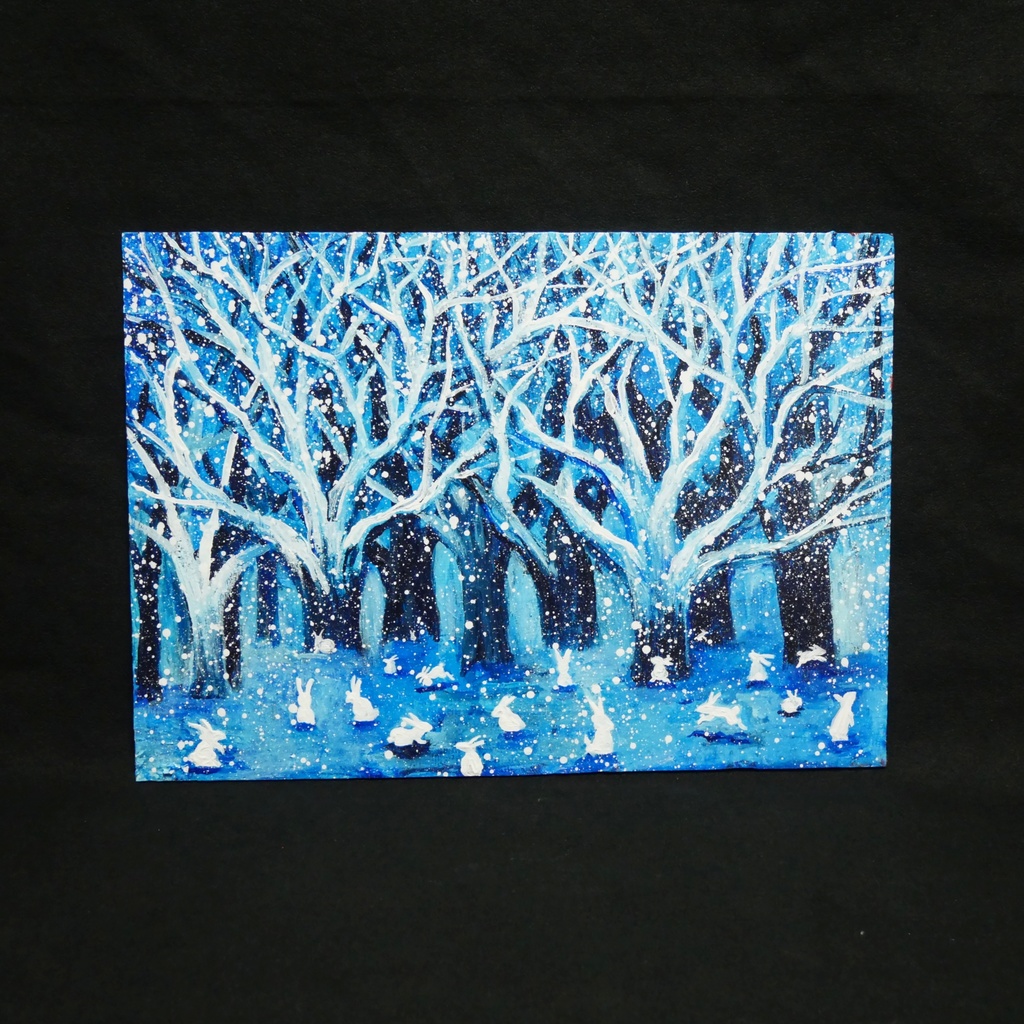 油絵 油彩 油彩画 絵 絵画【冬の林と兎たち】
