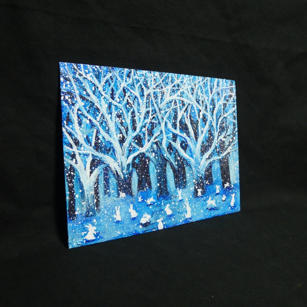 油絵 油彩 油彩画 絵 絵画【冬の林と兎たち】