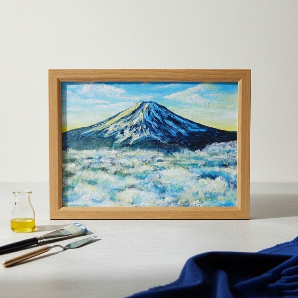油絵【朝の富士山】(A4サイズ 原画)油彩画 絵画 風景画 富士山 朝焼け 雲海