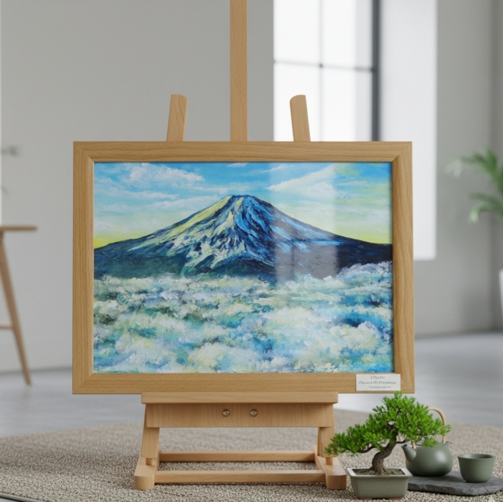 油絵【朝の富士山】（A4サイズ 原画）油彩画 絵画 風景画 富士山 朝焼け 雲海