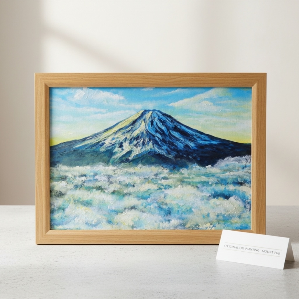 油絵【朝の富士山】(A4サイズ 原画)油彩画 絵画 風景画 富士山 朝焼け 雲海