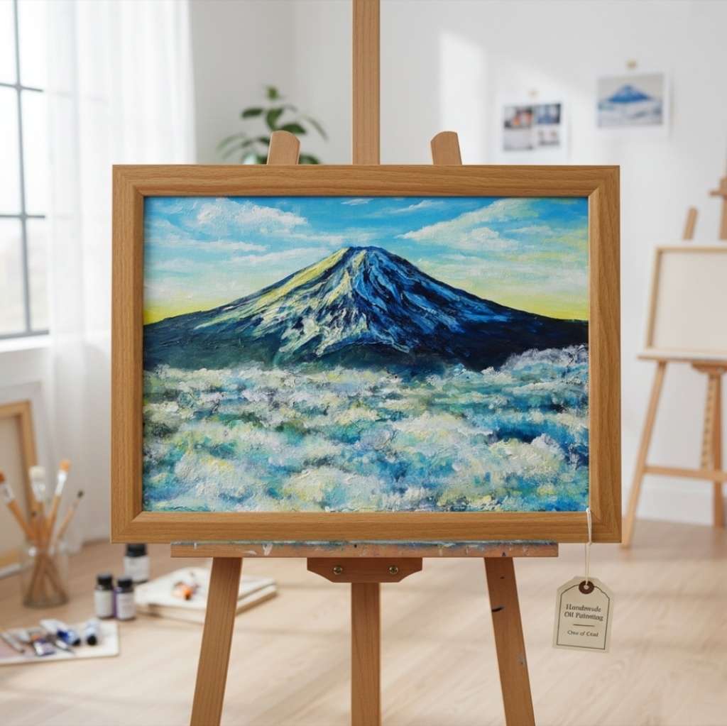 油絵【朝の富士山】(A4サイズ 原画)油彩画 絵画 風景画 富士山 朝焼け 雲海