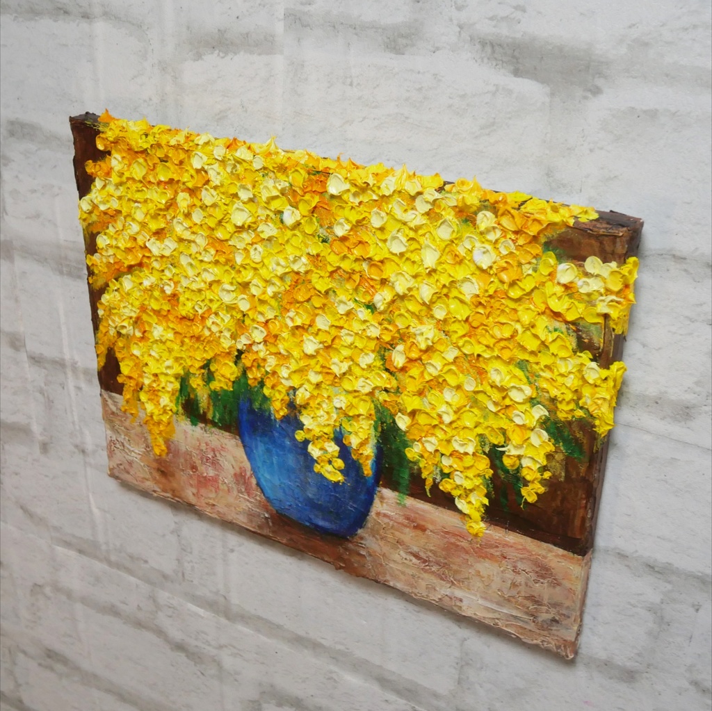 【癒しのミモザ】春告げる黄色い花々 油彩画 F4号 インテリア ボタニカルアート 壁掛け(額縁なし)