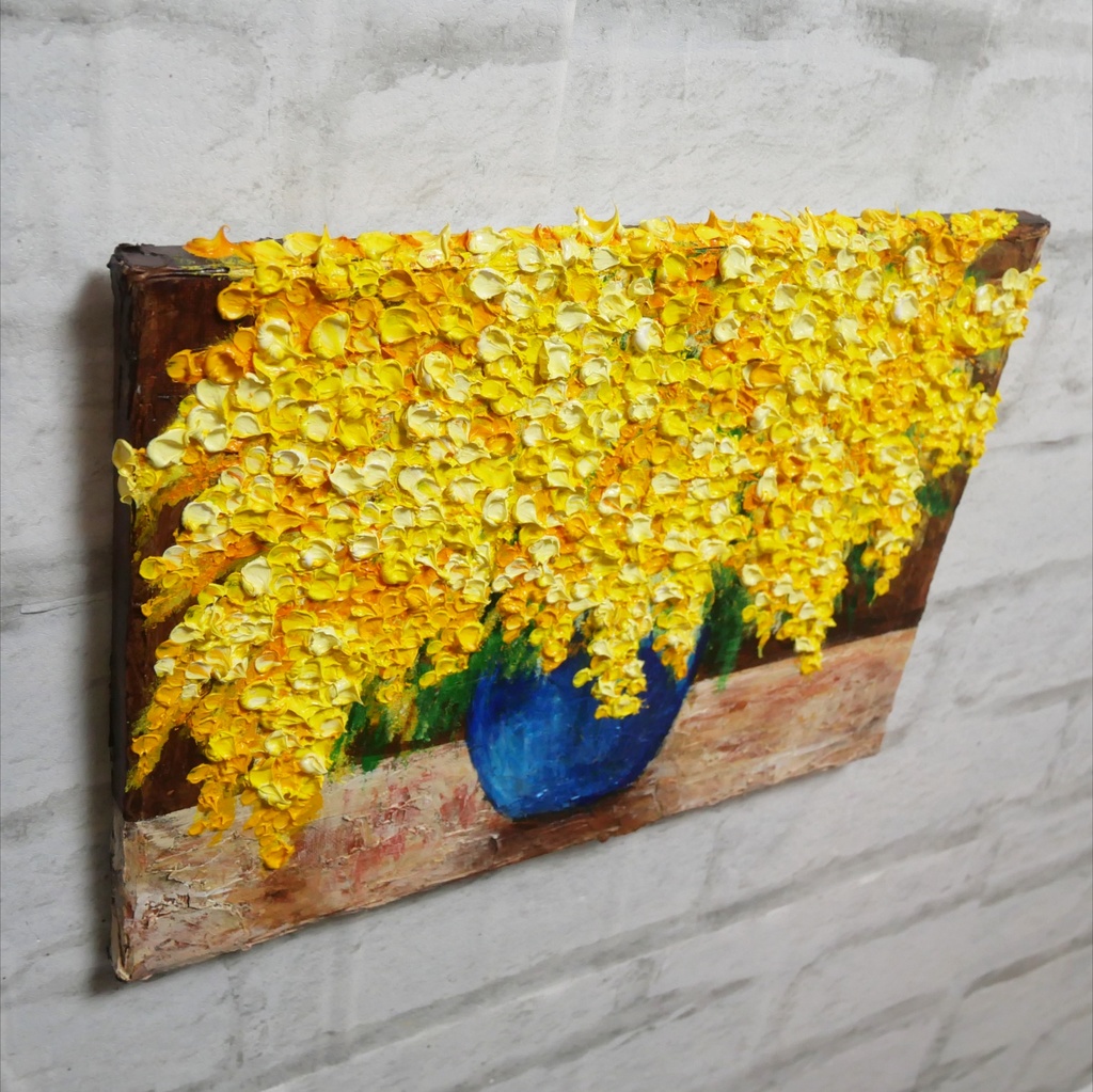 【癒しのミモザ】春告げる黄色い花々 油彩画 F4号 インテリア ボタニカルアート 壁掛け(額縁なし)