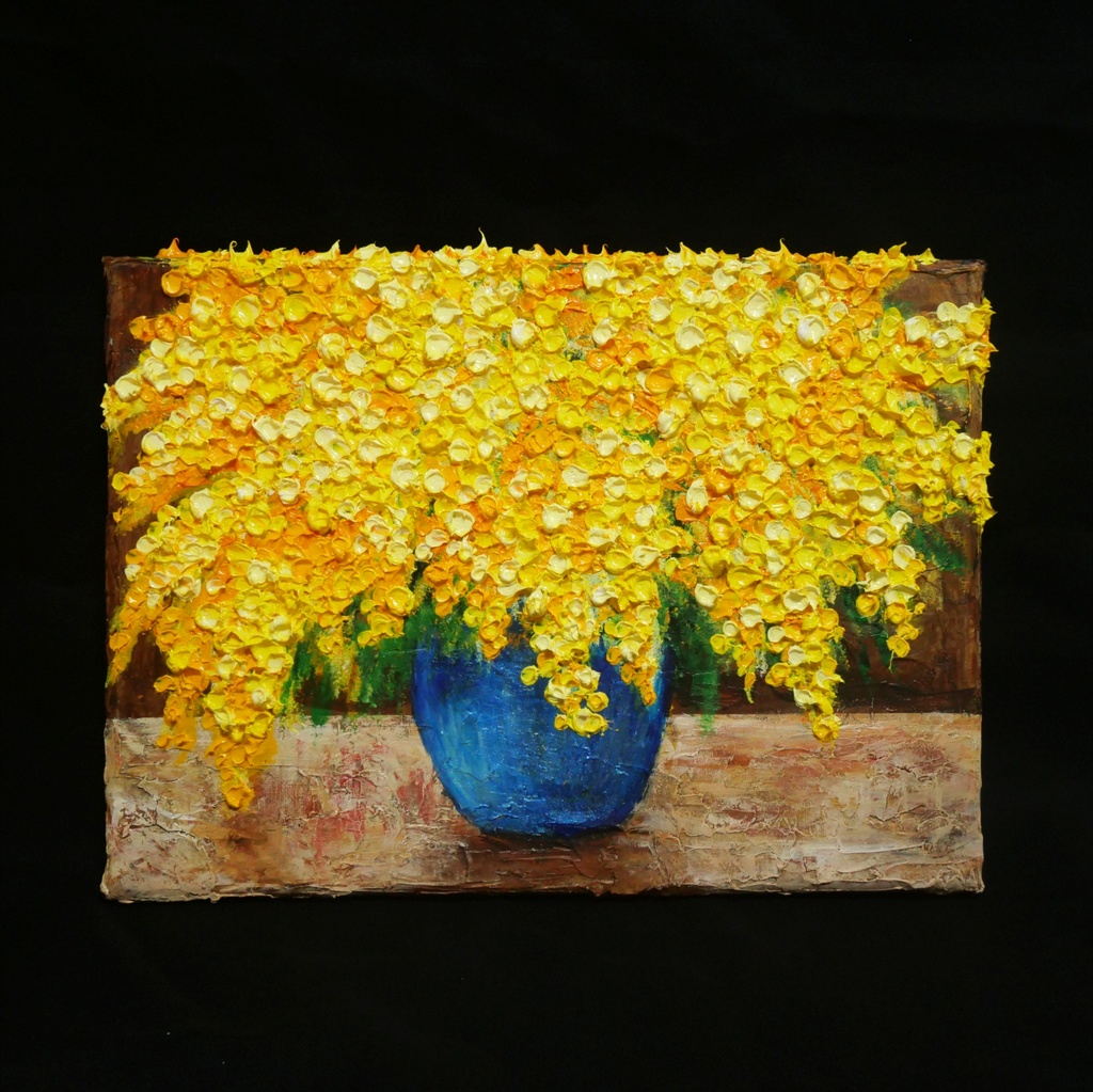 【癒しのミモザ】春告げる黄色い花々 油彩画 F4号 インテリア ボタニカルアート 壁掛け(額縁なし)