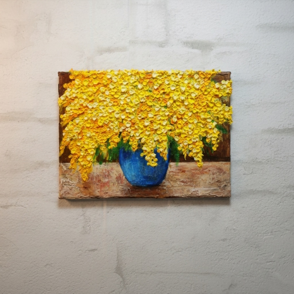 【癒しのミモザ】春告げる黄色い花々 油彩画 F4号 インテリア ボタニカルアート 壁掛け(額縁なし)