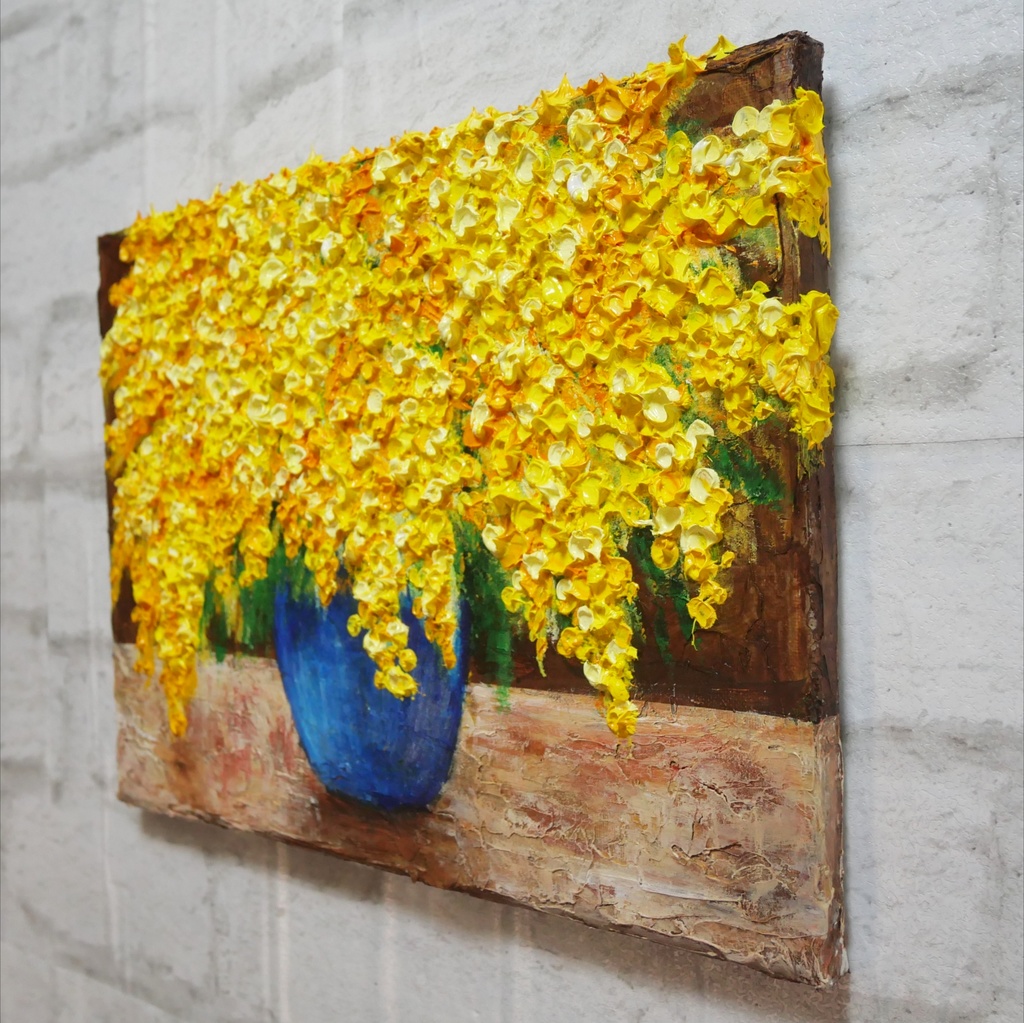 【癒しのミモザ】春告げる黄色い花々 油彩画 F4号 インテリア ボタニカルアート 壁掛け(額縁なし)