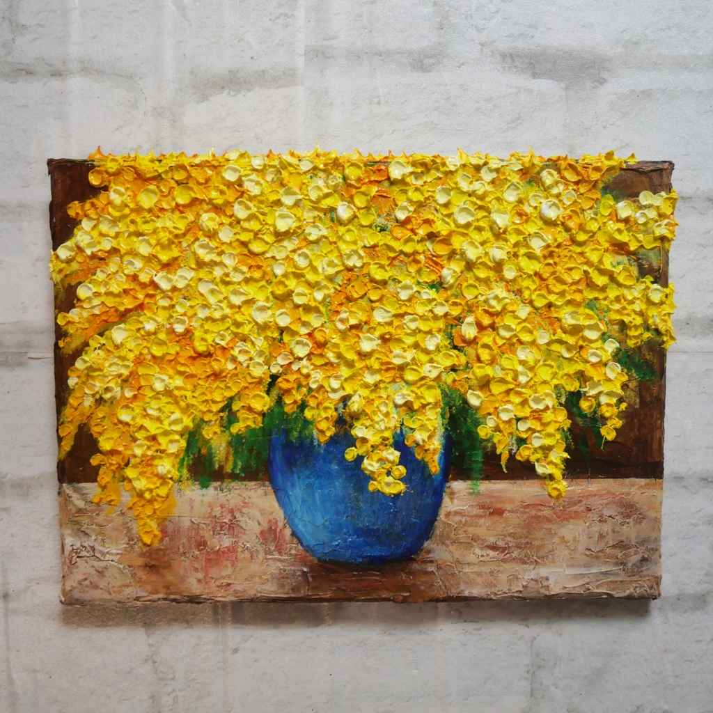 【癒しのミモザ】春告げる黄色い花々 油彩画 F4号 インテリア ボタニカルアート 壁掛け(額縁なし)