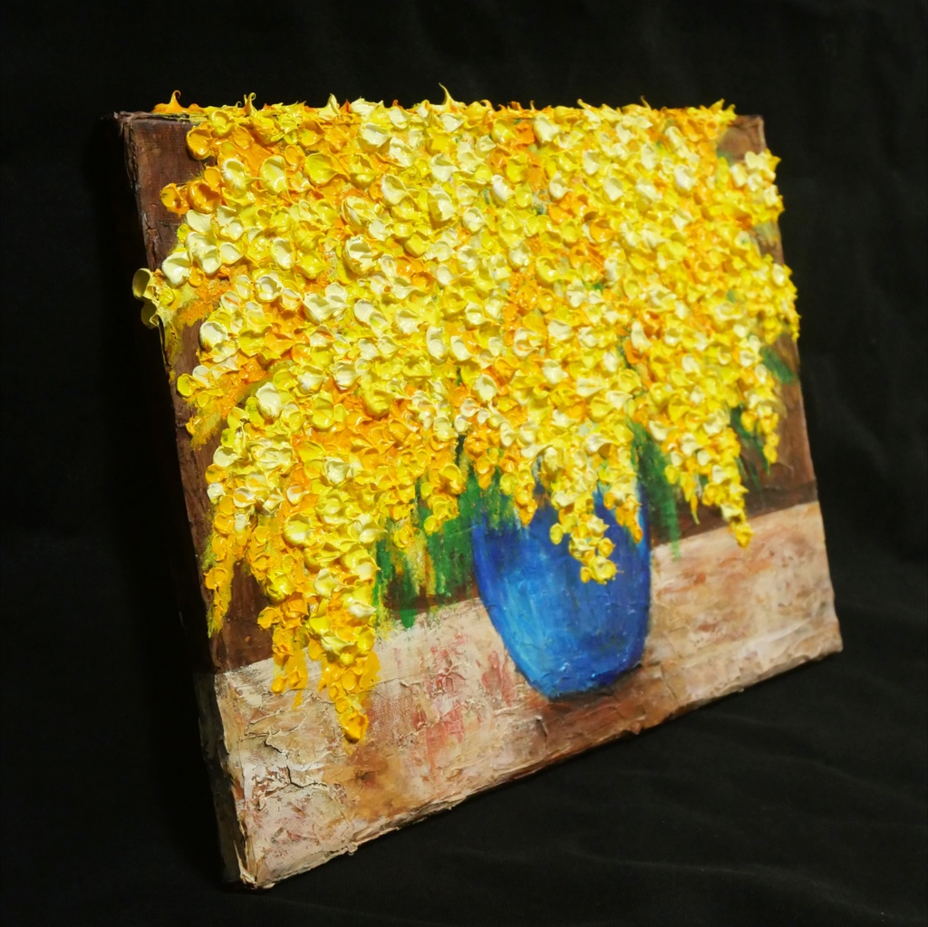【癒しのミモザ】春告げる黄色い花々 油彩画 F4号 インテリア ボタニカルアート 壁掛け(額縁なし)