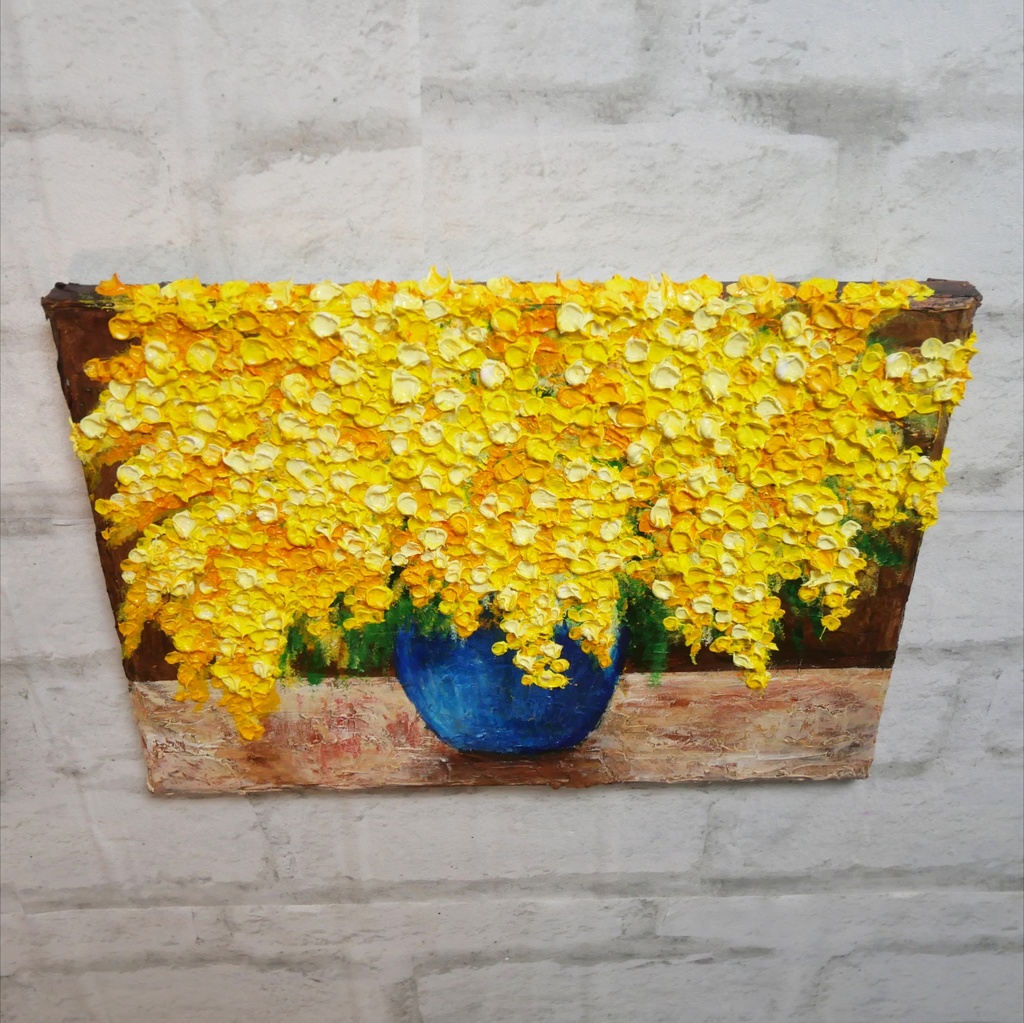 【癒しのミモザ】春告げる黄色い花々 油彩画 F4号 インテリア ボタニカルアート 壁掛け(額縁なし)
