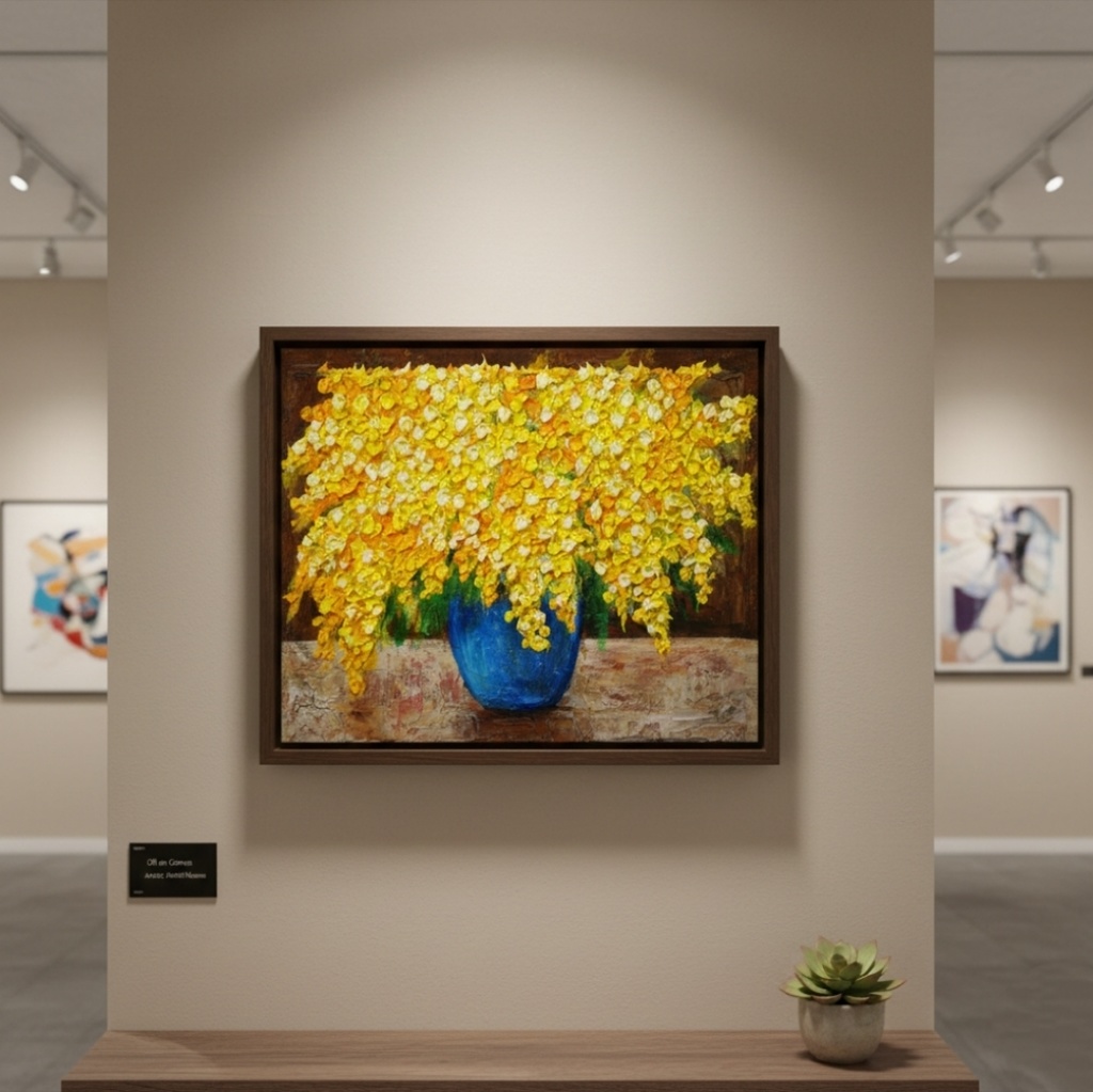 【癒しのミモザ】春告げる黄色い花々 油彩画 F4号 インテリア ボタニカルアート 壁掛け(額縁なし)