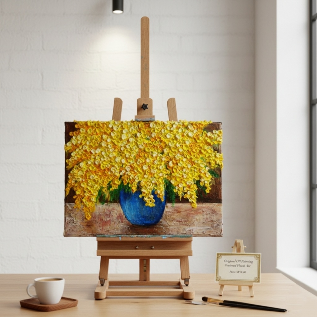 【癒しのミモザ】春告げる黄色い花々 油彩画 F4号 インテリア ボタニカルアート 壁掛け(額縁なし)