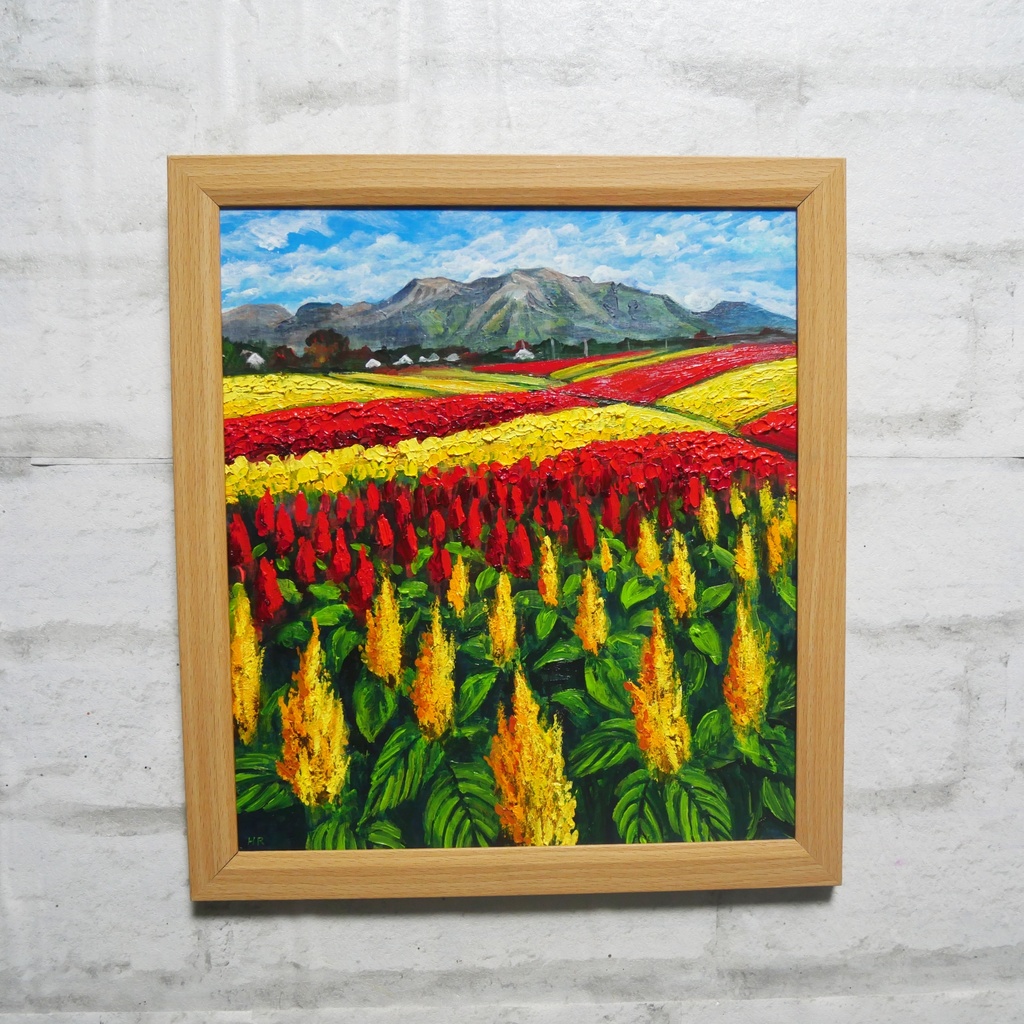 油絵 油彩 油彩画 絵 絵画 【秋日和のケイトウ】