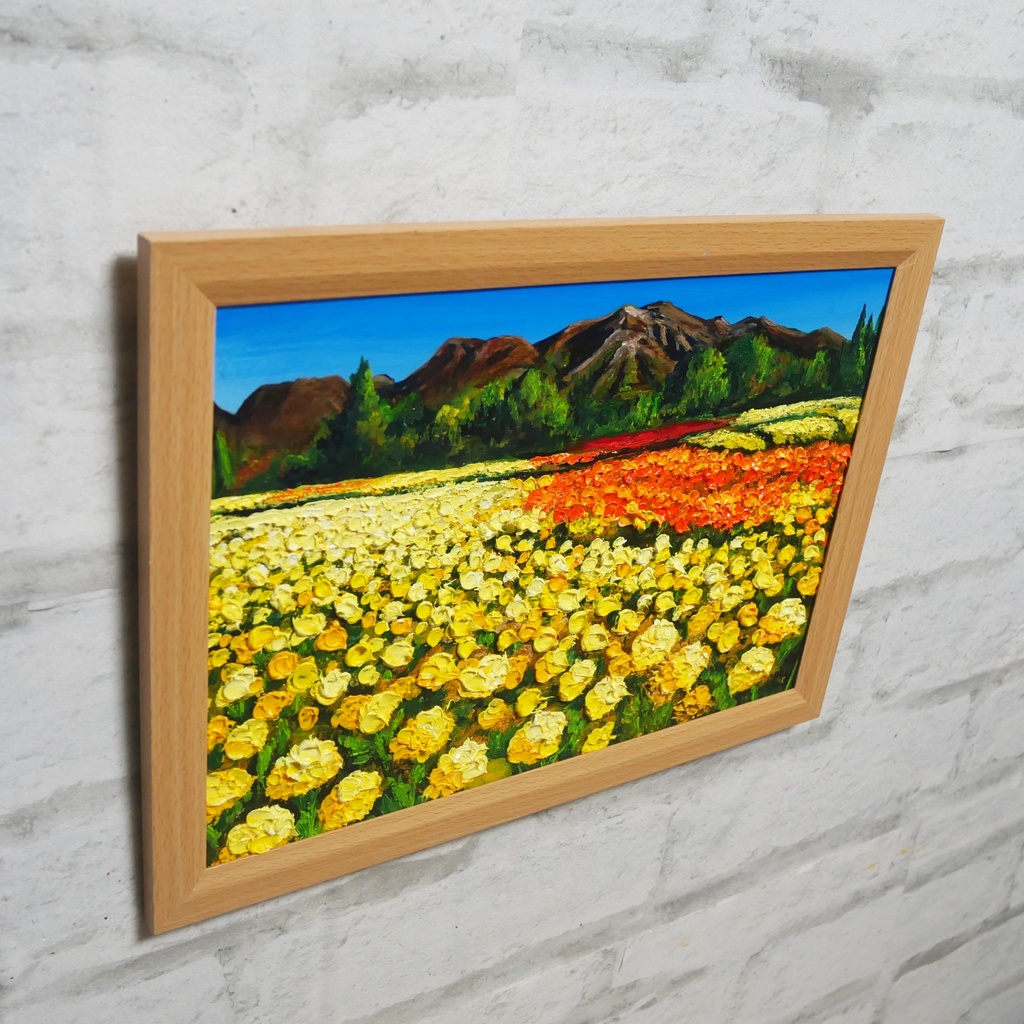 油絵 油彩 油彩画 絵 絵画 【くじゅうの峰、マリーゴールドの海】