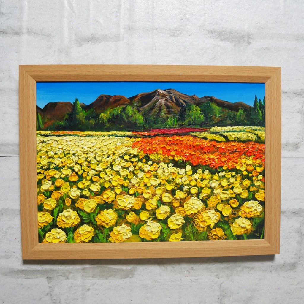 油絵 油彩 油彩画 絵 絵画 【くじゅうの峰、マリーゴールドの海】