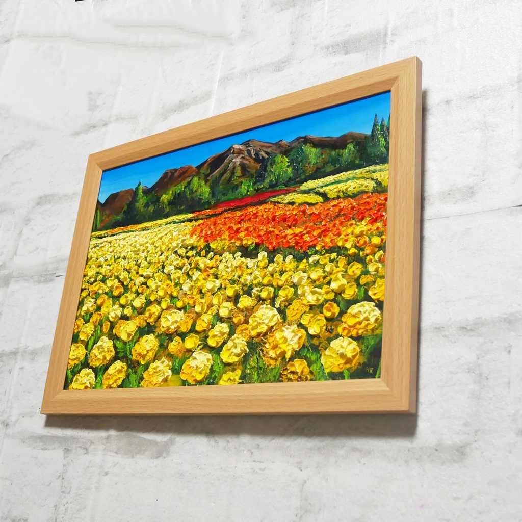 油絵 油彩 油彩画 絵 絵画 【くじゅうの峰、マリーゴールドの海】