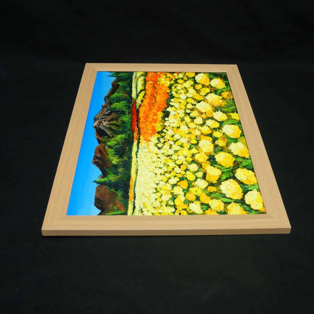 油絵 油彩 油彩画 絵 絵画 【くじゅうの峰、マリーゴールドの海】