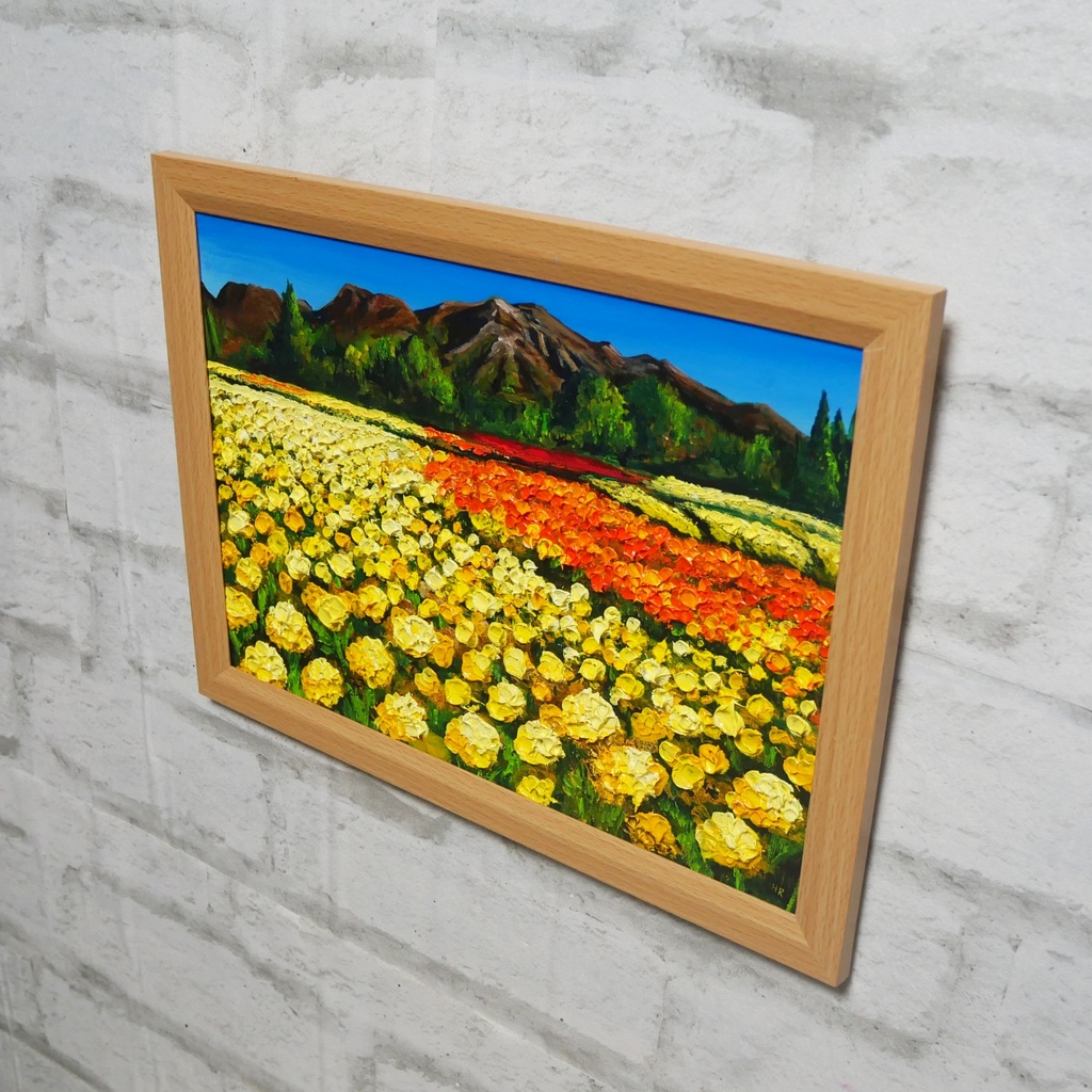 油絵 油彩 油彩画 絵 絵画 【くじゅうの峰、マリーゴールドの海】