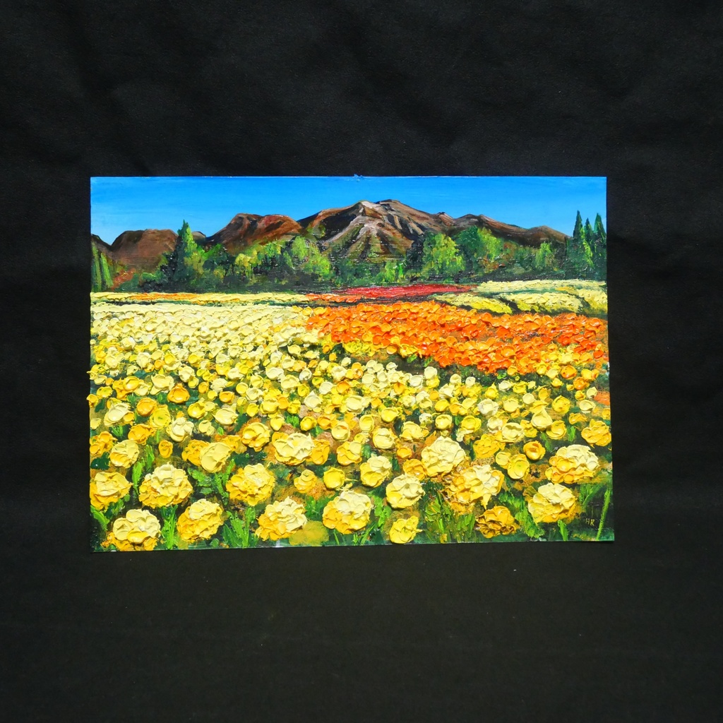 油絵 油彩 油彩画 絵 絵画 【くじゅうの峰、マリーゴールドの海】